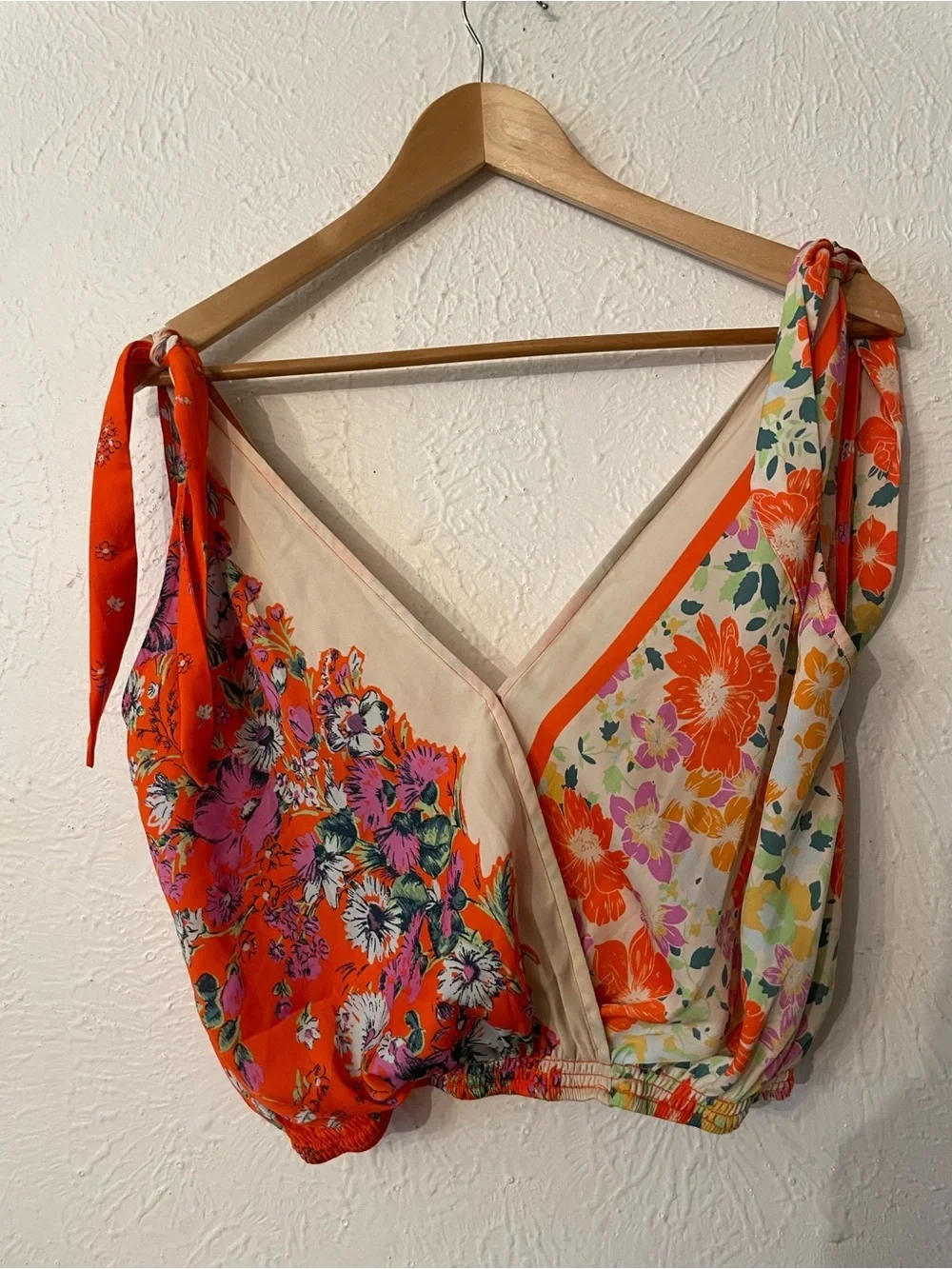 Free People Floral Print Tie to You Tank Top Shoulder V-Neck Crop Coral Multi XS